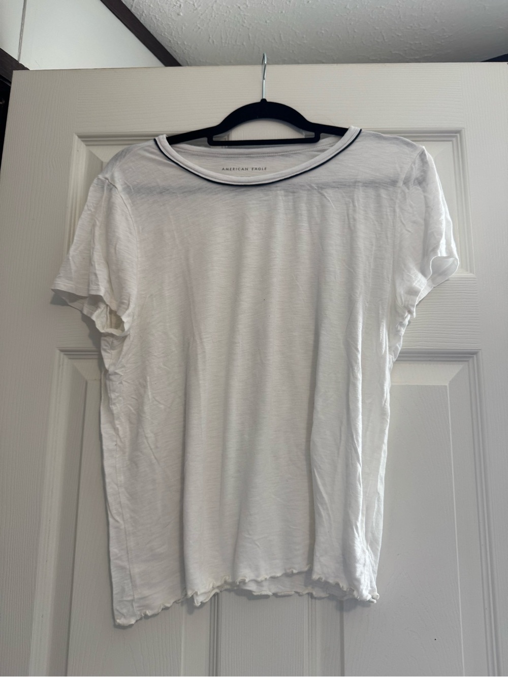 American Eagle Outfitters White Crewneck Short-Sleeve Tee with Navy Trim